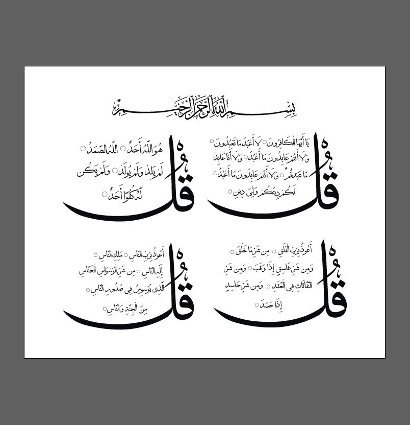 Four Qul Surahs Arabic Calligraphy Art for Home Decoration | Digital Islamic Wall File